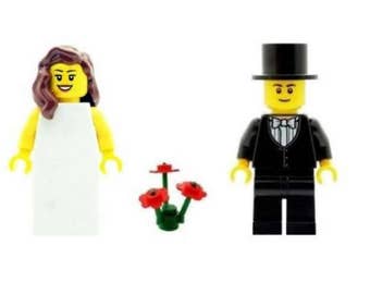 Wedding Bride with Brown Hair & Groom Minifigs with Red Flowers Made From LEGO Parts