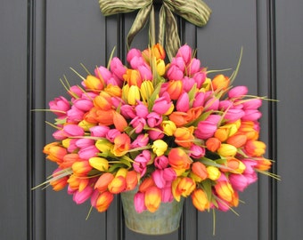Spring Wreaths Tulips Farmhouse Door Wreaths Tulips Mother's Day Wreath Easter Wreaths Easter Tulips Trending Wreaths Shabby Chic Decor