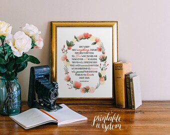 Bible Verse Printable Wisdom, Scripture Print Christian Bible verse print wall art print decor poster, typography - Philippians 4:6-7
