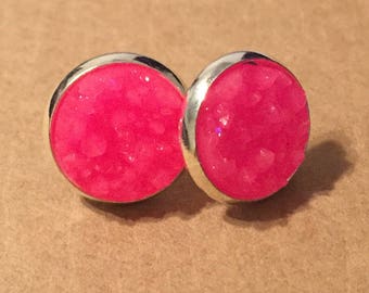 Bright Pink Druzy Earrings - Silver Settings