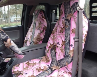 1 Set Of Pink Mossy Oak Real Tree Print Seat Covers and Steeling Wheel Cover Custom made.