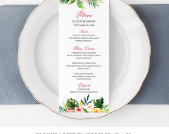 Tropical Editable Menu, Pink Green Tropical Floral Table Wedding Menu, Printable Menu, Template Calligraphy Instant Download Templett 508-A