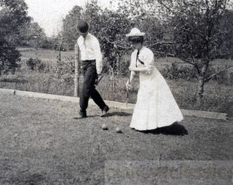vintage photo 1910 Man Woman Play Croquet on the Lawn