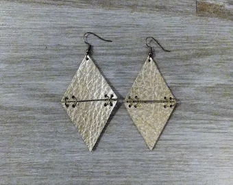 Large Diamond Shape/Leather/Earrings/Champagne Gold/Metallic/Jewelry/Geometric/Metallic/Boho/Dangle/Handmade/Style/Fashion/Unique/Women/Gift
