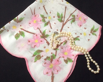 Vintage Floral Handkerchief, Pink and White Dogwood Hankerchief, 1950's Flower Hankie, Hanky