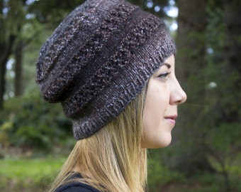 Brown and Gray Slouchy Knit Hat - Brown Vegan Hat - Boho Hat - Hipster Hat - Hippie Hat Womens Tam - Mens Beanie - Unisex Acrylic Hand Knit