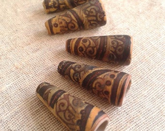Summer Yellow and Burnt Umber - Batik Cone Beads - hand painted rustic patterned cone beads boho chic polymer clay (ready to ship)