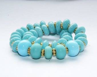 Lampwork beads, glass beads, artist beads, light blue with gold spacer, pearlset, Lampwork beads, ceramic discs