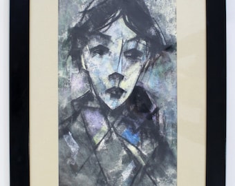 Mid Century Modern Cubist Painting of a Blue Man Signed Kambre