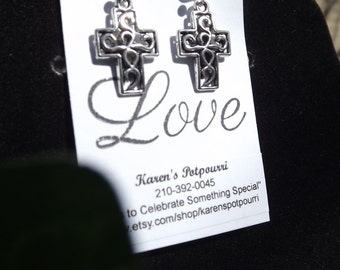Small Silver Tone Ornate Cross Earrings
