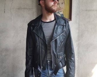 Vintage 1980s 80s motercyle biker black leather biker jacket Men's small 38 zippers deadstock like new