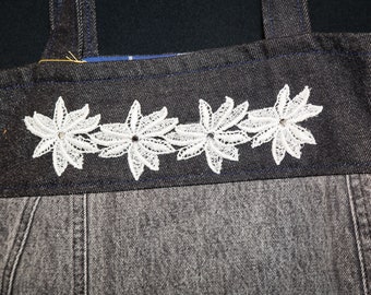 up-cycled denim tote bag, black large purse, eco friendly