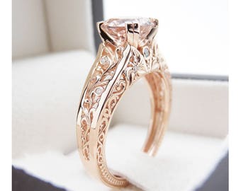 Vintage Engagement Ring 14K Rose Gold Morganite Engagement Ring Vintage Rose Gold Ring