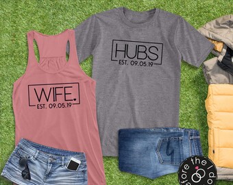 Wife and Hubs {with Est. Date} Flowy Racerback Tank and T-Shirt Set /// Honeymoon Shirts, Just Married Shirts, Couples Shirts | #1502