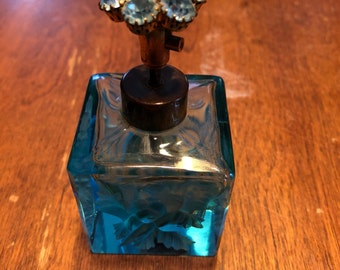 Vintage Blue Glass Perfume Bottle with Blue Rhinestones on top