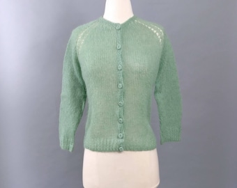 vintage 60s cardigan || 1960s cardigan sweater || seafoam green cardigan || mohair cardigan || handknit cardigan || sweater girl || medium