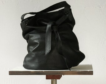 Soft Black Leather Shoulder Bag, Satchel, Leather Purse, Handbag with Knotted Straps: THE TESSER in BLACK Leather by Awl Snap