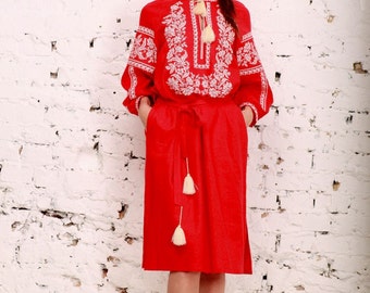 Embroidered Long Dress red for women. Vyshyvanka. Ukrainian embroidered dress