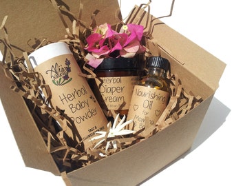 Organic Baby Gift Set // All Natural Cloth Diaper Safe Diaper Rash Cream , Baby Oil, Herbal Baby Powder // New Mom Baby Shower Gift Under 35