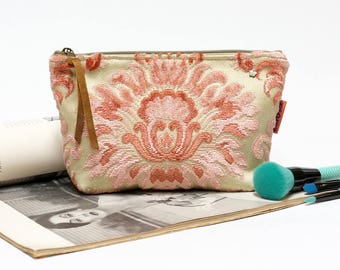 Pink Accessory Bag, Velvet Makeup Bag, large cosmetic bag, vintage fabric pouch, tapestry bag, cut velvet bag Handmade by EllaOsix