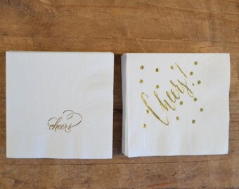 Polka Dot Cheers Napkins - Set of 25, Printed Party Napkins, Celebration Napkins, Gold Foil Paper Napkins, Engagement Party, Wedding Napkins