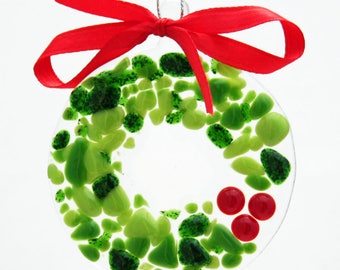 Glassworks Northwest - Festive Holiday Wreath - Fused Glass Ornament