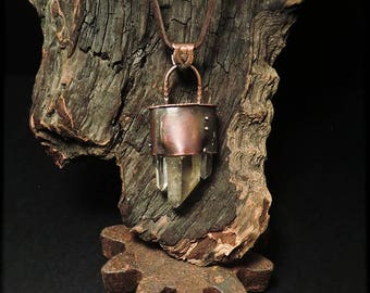 N1558 Raw Crystal Cluster Pendant Necklace Copper and Leather 925 Clasp Handmade