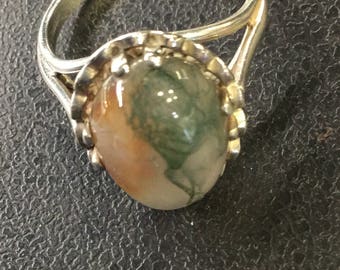 Silver moss agate ring