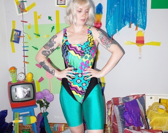 80s 90s swimsuit, neon one piece swimsuit, vintage 90s bathing suit, abstract print swimsuit, swimming suit, swimming dress SIZE L
