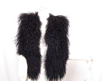 Vtg Women's MONGOLIAN Curly Lamb Fur Coat in black color.