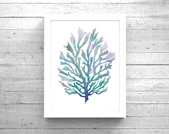 Purple Blue Green Seaweed Watercolor Printable Art, Seaweed Printable Art, Digital Download, Seaweed print, Seaweed painting, Beach Decor