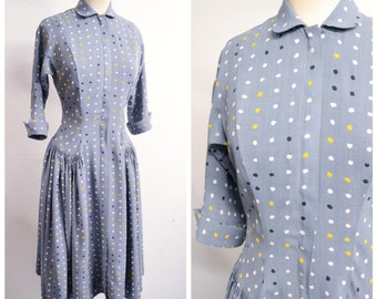 1940s Grey mustard polka dot rayon zip front day dress / 40s spotty full skirt housedress - XS S