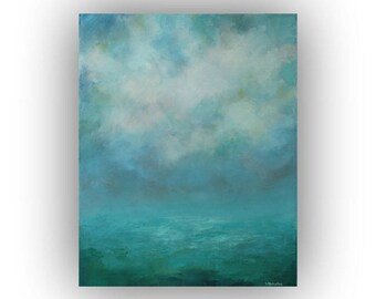Palette Knife Painting on Canvas, Abstract Landscape Oil Painting, Original 16 x 20 Modern Cloud Art, Blue and Green Abstract Sky Art