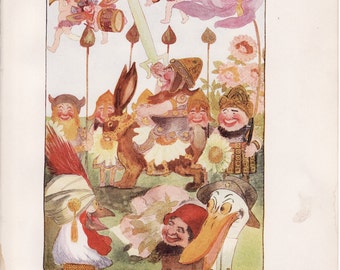 Antique Victorian Art Print-Book Plate-Lithograph-Fairies-Happy Soldier Fairies-Artist Penny Ross-1914