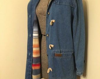 Vintage Denim Jacket with removable vest / Denim Jacket / Toggles / Hooded Jacket / Jean Jacket / Denim & Co. / Chambray / 1990s coat