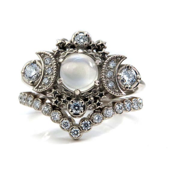 Moonstone Moon and Star Engagement Ring Set - Diamond Boho 14k Gold Stacking Rings