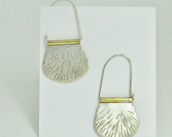 Hammered sterling silver hoop earrings, brass detail