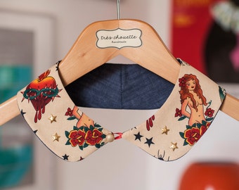 Tattoo pattern rounded Peter Pan collar with bras star studs and bras shank button