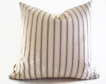 Blue Ticking Pillow Cover, Farmhouse Pillow Ballard Designs Pillow Vintage Ticking Pillow 0