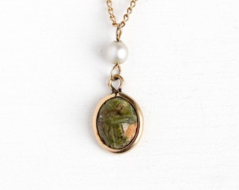 Unakite Scarab Necklace - Vintage 14k Rosy Yellow Gold Filled Pearl Lavalier - 1950 Carved Gems Egyptian Revival Beetle Signed AMCO Jewelry