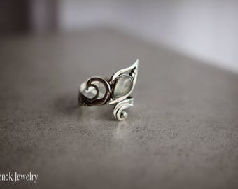 Sterling silver adjustable wire wrapped ring Bridesmaid beauty guru girlfriend anniversary gift Prehnite gemstone jewelry Metal flower