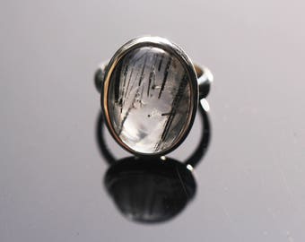 Oval Tourmalated Quartz Ring, Size 7, Black Tourmaline Ring, Black Rutile Rutilated Quartz, Black Schorl