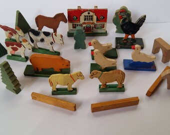 Vintage Miniature German Erzgebirge Putz Farm Animals and Houses, Wood with Gesso, Painted Miniature Wooden German Animals, Germany 1930
