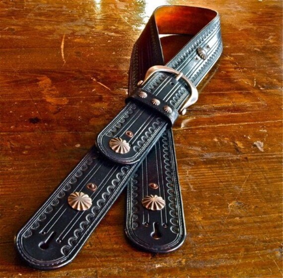 Leather Guitar strap Hand tooled, Black Leather OUTLAW Cowboy Rockstar Country vintage Conchos handmade for YOU in USA by Freddie Matara!