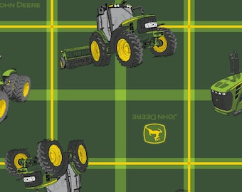 John Deere Tractors on Square Plaid Cotton Fabric by the yard