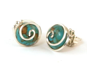Turquoise Silver Stud Earrings, Wire Wrapped Spiral Earrings, Turquoise Gemstone Post Earrings, 915 Argentium Silver Stud Earrings