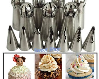 14Pcs Pastry Nozzles Icing Piping Tips Russian & Cake Decorating Tulip Nozzle Piping Set Stainless Steel Baking Tools