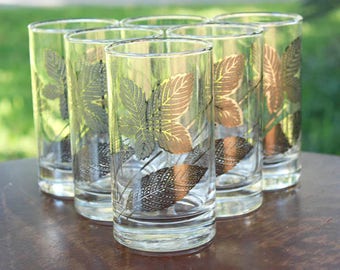 Vintage Libbey Metallic Silver Leaf Drinking Glasses Barware 1960s