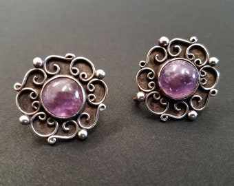 Vintage Taxco SERAFIN MOCTEZUMA Sterling Silver With Amethyst Earrings - Filagree Flower Motif - Circa 1940