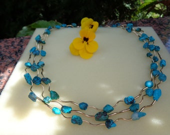 Turquoise chain with bent elements in 585 gold filled, three-row